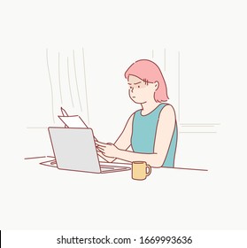 Upset female worker sitting at desk in office looking at pc screen feels unhappy and shocked. Hand drawn style vector design illustrations.