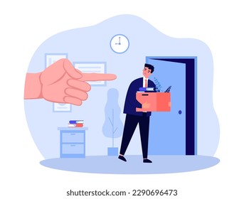 Upset fired man leaving office vector illustration. Big hand pointing at door, dismissing office worker from work place. Unemployment, losing job, global crisis, recession concept