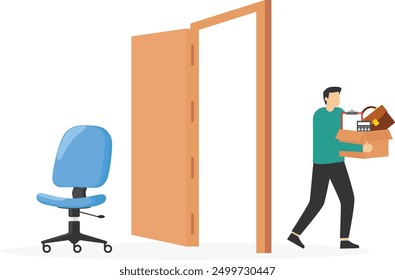Upset fired man leaving office. Losing job, unemployment, finance crisis. Modern vector illustration in flat style

