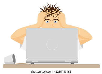 Upset or frightened man at the computer grabbed his head. The bad news. Big mistake or problem. Modern office.