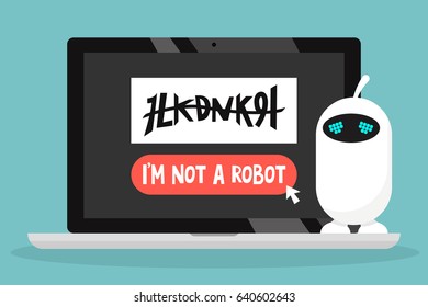 Upset funny robot cannot pass the anti-bot test / flat editable vector illustration, clip art