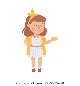 Upset girl with backpack holding cookie in her outstretched hand. Stressed schoolkid. Conflict at school, bullying, intimidation of weak cartoon vector illustration