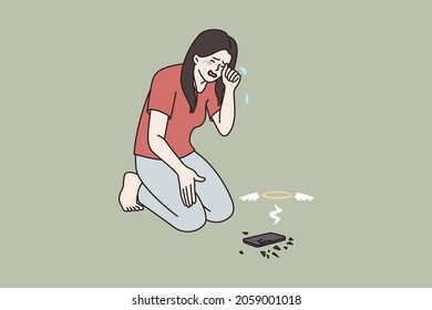 Upset girl cry over broken modern smartphone gadget. Unhappy distressed woman feel hysterical despair stressed with cellphone break down. Technology device addiction. Flat vector illustration. 