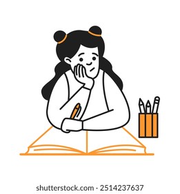 Upset girl doing difficult homework at desk doodle line and color illustration. Bored schoolgirl learning lesson linear sketch vector person