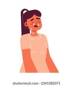 Upset girl with dropping tears and open mouth semi flat color vector character. Tearful child in dress. Editable half body person on white. Simple cartoon spot illustration for web graphic design