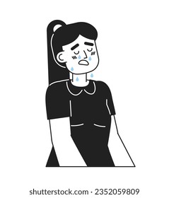 Upset girl with dropping tears and open mouth monochromatic flat vector character. Tearful child in dress. Editable thin line person on white. Simple bw cartoon spot image for web graphic design