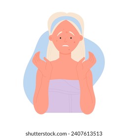 Mujer disgustada con acné facial. Cubierta facial problemática, cabezales negros y granos ilustración vectorial de dibujos animados