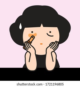Upset Girl Is Failed To Get Rid Of Under Eye Dark Circles Using Corrector Concealer Stick. Concept Of Beauty And Self Care Card Character illustration