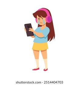 Upset girl with headphones using smartphone, tablet device. Crying child with gadget. Cartoon digital technologies vector isolated. Unhappy kid using smart device to play game, watch video