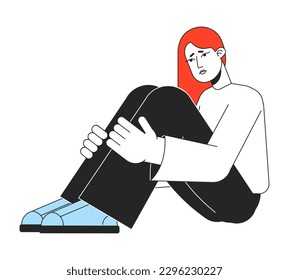 La chica molesta abraza las rodillas al personaje vectorial de color de línea plana en el pecho. Esquema simple editable persona de cuerpo completo sobre blanco. Autocalmar la ansiedad caricatura ilustración spot para diseño gráfico web y animación