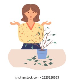 An upset girl looks at a withered houseplant. A flower in a pot shed its leaves. Houseplant care and growing problems. Vector illustration in flat style on a white background