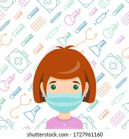 Upset girl n medical mask on the medical symbols background. Vector flat style illustration.