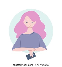 Upset girl with a phone. Illustration of a sad girl holding a mobile phone in a her hand. Vector 8 EPS.