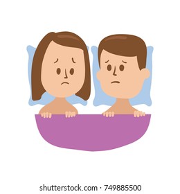 Upset girl and puzzled boy lying in bad facig sexul problem. Isolated flat illustration on white backgroud. Cartoon vector image.