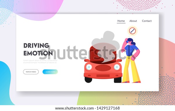 Upset Girl in Road Accident with Broken Car\
Calling to Repair Mechanic Service Standing near Open Hood with\
Smoke Going out, Website Landing Page, Web Page. Cartoon Flat\
Vector Illustration,\
Banner