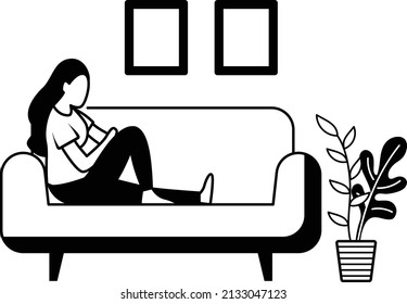 upset girl sitting on sofa Vector Icon Design, Weekly holidays Activity Symbol, Week Rest Days Sign, Lazy weekends people Stock illustration, Sad depressed young woman sitting on couch Concept