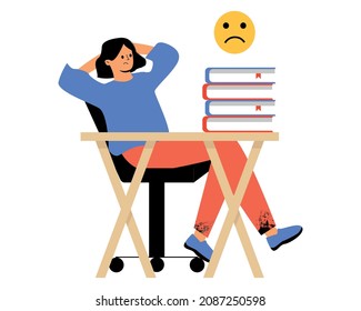 La disgustada chica está sentada en la mesa. Mucho trabajo, estudio. Ilustración del vector