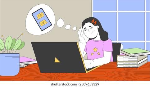 Upset girl student doing homework on laptop flat illustration. Bored schoolgirl dreaming about smartphone chat 2D character cartoon background. Remote learning scene vector storytelling image