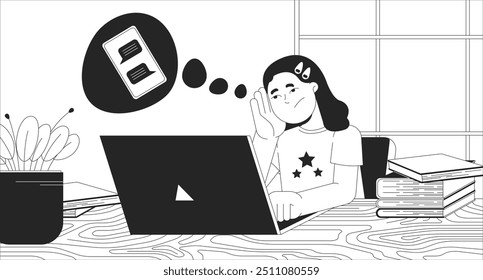 Upset girl student doing homework on laptop black and white line illustration. Bored schoolgirl dreaming about smartphone chat 2D character monochrome background. Remote learning outline vector image