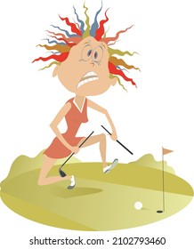 Upset golfer woman on the golf course illustration. 
Cartoon angry golfer woman breaks the golf club
