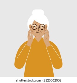 Upset grandmother cries and holds his head with his hands. The concept of resentment, pain and depression. Vector flat illustration