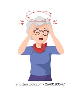 Upset grey haired grandma suffering from vertigo. Elderly woman standing and holding his head cartoon animated personage. Granny feeling dizzy vector illustration isolated on white background.