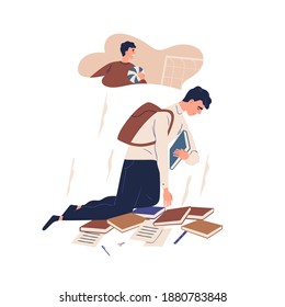 Upset guy dreaming to play football instead of studying. Exhausted teenager suffering for doing homework vector flat illustration. Depressed teen with books isolated. Concept of stress and tiredness