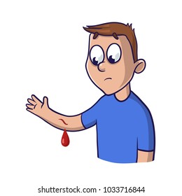 Upset guy raises wounded hand with blood oozing. Blood drop on a floor. Isolated illustration on white backgroud. Cartoon vector image.