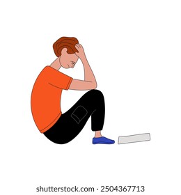 Upset guy is sitting on floor very sad. There is document or letter nearby. Bad news. Expulsion, dismissal, poor grades. Man with sheet of paper. Flat vector illustration on white background for your 