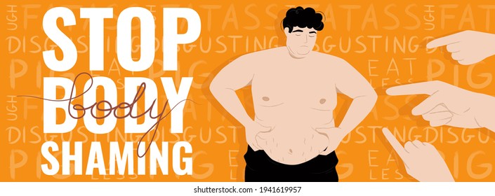 Upset guy suffering from attacks aimed at his body. Stop body shaming horizontal banner template