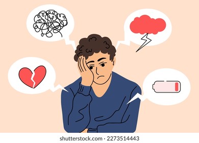 Upset guy surrounded by symptoms of depression disorder. Young man who suffers from mental health diseases. Vector illustration in cartoon flat style.