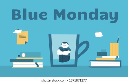 Upset guy trying to hide from deadlines in coziness of a cup of tea. Blue Monday horizontal vector illustration showing the dependence of mental health with weather conditions and the end of a year.