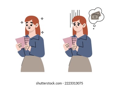 Upset, happy person holding receipt with big price for expensive purchase. Sad woman with expired paper bill in hands. Burden of expenses concept. Flat vector illustration isolated on white background