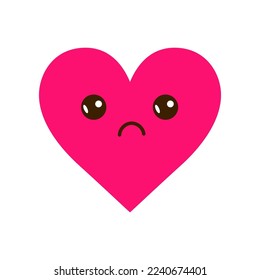 Upset heart cartoon character flat vector illustration. Cartoon drawing of sad or unhappy comic heart with face on white background. Love, breakup, emotions concept