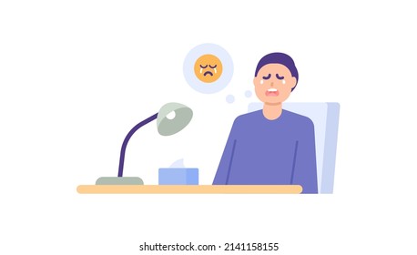 verärgert, herzzerbrochen, überdacht, traurig, leid. trauriger Junge. ein Mann, der am Tisch weint. die Ausdrücke und Gefühle der Menschen. flache Cartoon-Illustration. Konzept-Design
