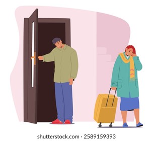 Upset husband sending off adorable crying wife with luggage at home doorway cartoon scene. Forced separation and outgoing, people fatigue emotions, loving married couple breakdown vector illustration