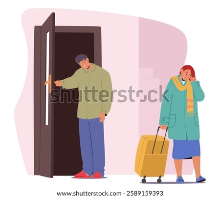 Upset husband sending off adorable crying wife with luggage at home doorway cartoon scene. Forced separation and outgoing, people fatigue emotions, loving married couple breakdown vector illustration