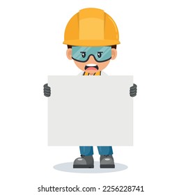 Upset industrial worker in his personal protective equipment holding banner with space for text for advertising, presentations, brochures. Industrial safety and occupational health at work