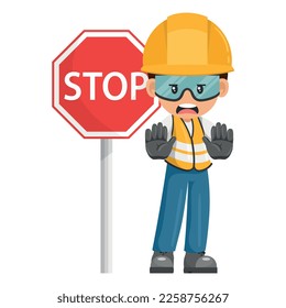 Upset industrial worker holding stop sign. Worker with his personal protective equipment. Industrial safety and occupational health at work