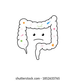 upset intestines and bacteria in it. large bowel, rectum. sad medicine concept, element of anatomy, healthcare for apps, sites, information graphic poster. isolated object on white background