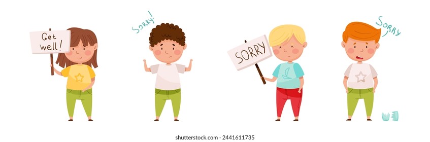 Upset Kid Feel Guilty and Sorry Expressing Regret Vector Set