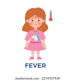 Upset kid girl in pink dress having fever flu symptom flat style, vector illustration isolated on white background. Red thermometer sign, sickness child, disease and healthcare