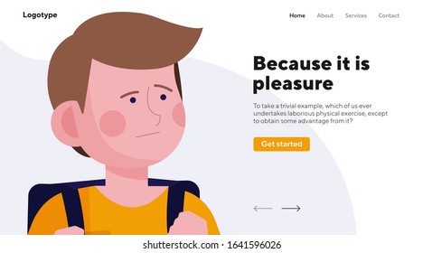 Upset kid image. Sad child, schoolboy, teenage boy with backpack flat vector illustration. School, childhood, negative emotion concept for banner, website design or landing web page