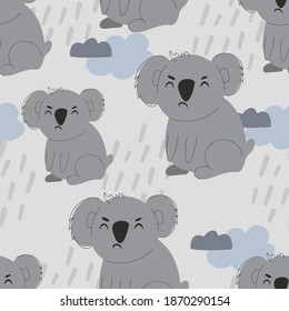 Upset koala. seamless pattern. Decorative wallpaper for the nursery in the Scandinavian style. Vector. Suitable for children's clothing, interior design, packaging, printing.