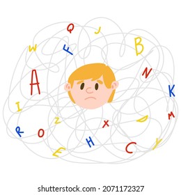 Upset light-skinned child with invisible disease dyslexia. Concept of dyslexic boy in the chaos of letters in cartoon style