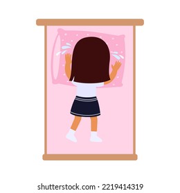 Upset little girl is crying in bed.  pupil girl. Illustration of childhood depression.
