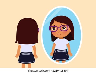 Upset little girl in glasses looks at herself in the mirror. pupil girl. Illustration of childhood depression.