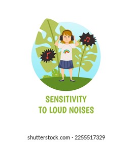 Upset little girl in headphones flat style, vector illustration isolated on white background. Autism awareness, sensitivity to loud noises text, health and tolerance