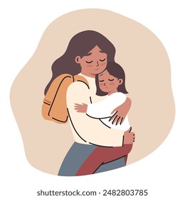 Niña molesta abraza a su madre. Primer día de kindergarten. Mamá y su hija se despiden antes de ir a la escuela. Ilustración de una madre calmando a su hijo. Relaciones familiares