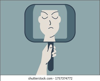 Upset and mad female character looking in the mirror. Selfcare concept. Vector.